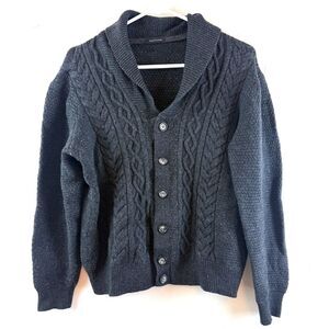 PHIL PETTER Cardigan Sweater Cableknit Fisherman Gray Merino Wool Men Size L